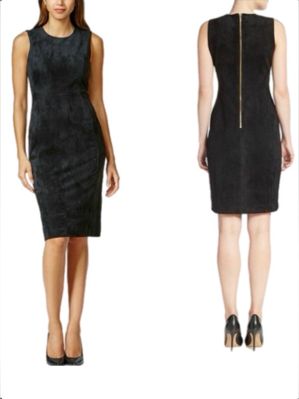 8 Calvin Klein Black Suede Sleeveless Sheath Formal Cocktail Dress with Back Zip